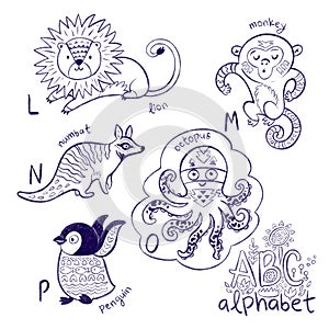 Cute zoo alphabet drawing in a chalk style. Hand drawn contour illustration