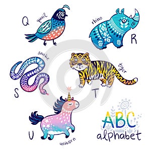 Cute zoo alphabet drawing in a chalk style. Hand drawn illustration