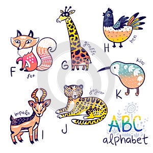 Cute zoo alphabet drawing in a chalk style. Hand drawn illustration