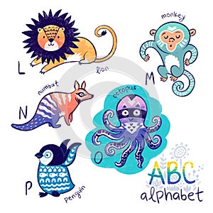 Cute zoo alphabet drawing in a chalk style. Hand drawn illustration