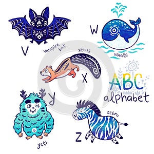 Cute zoo alphabet drawing in a chalk style. Hand drawn illustration