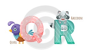 Cute zoo alphabet. Q,R letters and quail, raccoon animals cartoon vector illustration