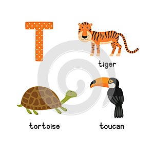 Cute zoo alphabet in vector.T letter. Funny cartoon animals: Tiger, Toucan,Tortoise
