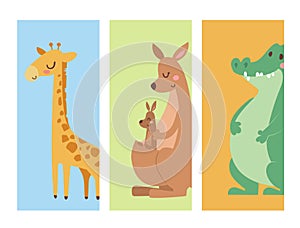 Cute zoo cartoon animals cards funny wildlife learn cute language and tropical nature safari mammal jungle tall