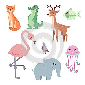 Cute zoo cartoon animals isolated funny wildlife learn cute language and tropical nature safari mammal jungle tall