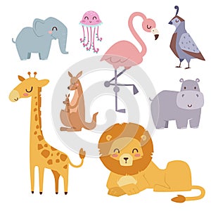 Cute zoo cartoon animals isolated funny wildlife learn cute language and tropical nature safari mammal jungle tall