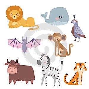 Cute zoo cartoon animals isolated funny wildlife learn cute language and tropical nature safari mammal jungle tall