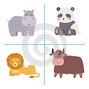 Cute zoo cartoon animals isolated funny wildlife learn cute language and tropical nature safari mammal jungle tall