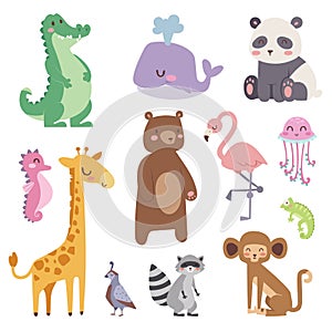 Cute zoo cartoon animals isolated funny wildlife learn cute language and tropical nature safari mammal jungle tall