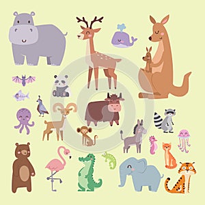 Cute zoo cartoon animals isolated funny wildlife learn cute language and tropical nature safari mammal jungle tall