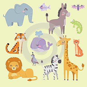 Cute zoo cartoon animals isolated funny wildlife learn cute language and tropical nature safari mammal jungle tall