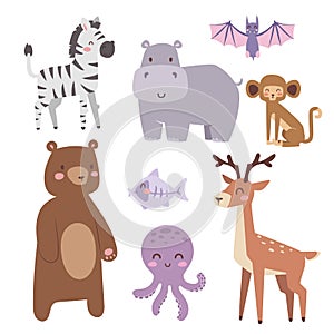 Cute zoo cartoon animals isolated funny wildlife learn cute language and tropical nature safari mammal jungle tall