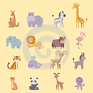 Cute zoo cartoon animals isolated funny wildlife learn cute language and tropical nature safari mammal jungle tall