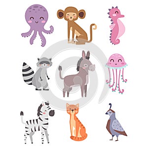 Cute zoo cartoon animals isolated funny wildlife learn cute language and tropical nature safari mammal jungle tall