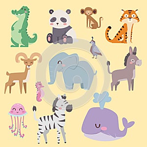 Cute zoo cartoon animals isolated funny wildlife learn cute language and tropical nature safari mammal jungle tall