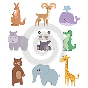 Cute zoo cartoon animals isolated funny wildlife learn cute language and tropical nature safari mammal jungle tall