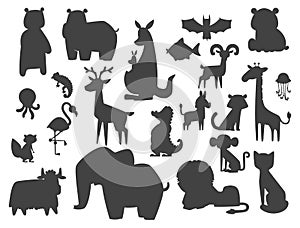 Cute zoo cartoon silhouette animals isolated funny wildlife learn cute language and tropical nature safari mammal jungle