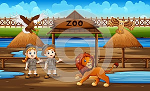 Cute the zookeeper kids with animals in the zoo park