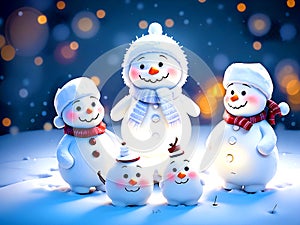 The cuteness of a happy snowman family on Christmas Day is beyond imagination, cartoon fantasy.3D cartoon of a family of snow