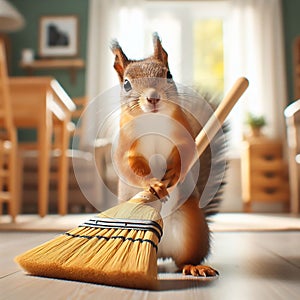 Cuteness squirrel cleaning in the room