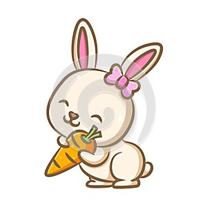 Cutes rabbit with pink ribbon hair clip is standing and holding the orange carrot