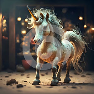cutest adorable emotional Unicorn baby against night miracle background. Digital artwork. Ai generated