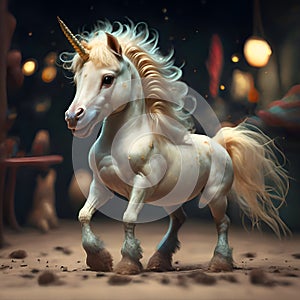 cutest adorable excited Unicorn baby against night miracle background. Digital artwork. Ai generated