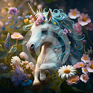 cutest adorable running Unicorn baby with long blue mane around flowers. Digital artwork. Ai generated