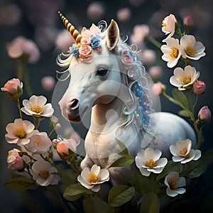 cutest adorable Unicorn baby with blue mane around flowers. Digital artwork. Ai generated