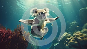 A cutest Koala is diving above a big coral reef serendipity generative AI photo