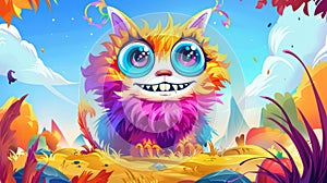 The cutest monster cat on an alien or fantasy planet landscape, with fairies wings and antennas. Strange animal, odd