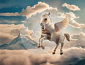 cutest Pegasus baby dressed in cover blanket flying at clouds sky. close up. Digital artwork. Ai generated photo