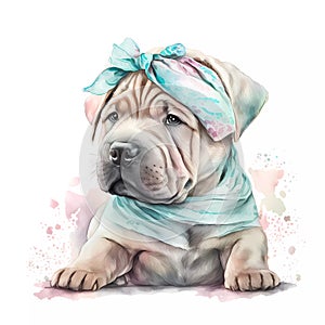 The Cutest Stock Photo You\'ll See Today: A Shar Pei Puppy in a Pastel Headband Bandana, Captured in Watercolor AI Generated