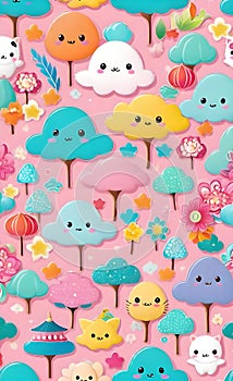Cutesy kawaii trees design pattern illustration wallpaper background photo