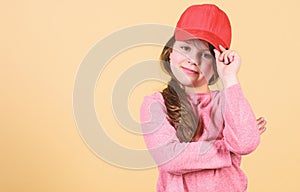 Cutie in cap. Stylish accessory. Kids fashion. Feeling confident with this cap. Girl cute child wear cap or snapback hat