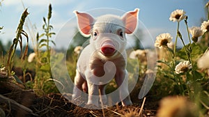 cutie and funny young pig is standing on the green grass. generative ai