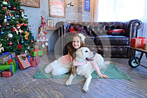 Cutie girl child smiling and sitting hugging with dog in studio