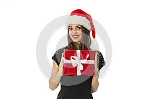 Cutie girl in santa hat with red gift