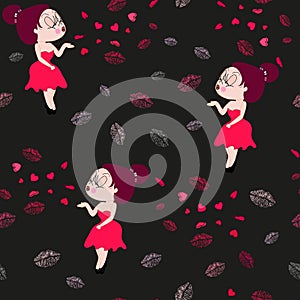 Cutie sexy girl sending kiss and heart vector illustration seamless pattern for fabric design