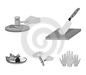 Cutlass on a cutting board, hammer for chops, cooking bacon, eating fish and vegetables. Eating and cooking set