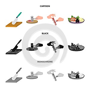 Cutlass on a cutting board, hammer for chops, cooking bacon, eating fish and vegetables. Eating and cooking set