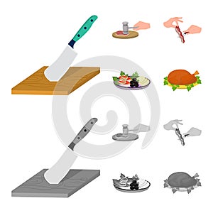 Cutlass on a cutting board, hammer for chops, cooking bacon, eating fish and vegetables. Eating and cooking set