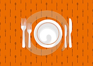 Cutlery background. Seamless kitchen pattern with fork, knife, plate. Silverware utensil for lunch, dinner in restaurant. Texture