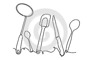 Cutlery background sketch. Single line drawing of isolated kitchen utensils. Culinary design poster. Vector illustration