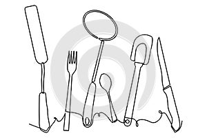 Cutlery background sketch. Single line drawing of isolated kitchen utensils. Culinary design poster. Vector illustration