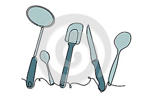 Cutlery background sketch. Single line drawing of isolated kitchen utensils. Culinary design poster. Vector illustration