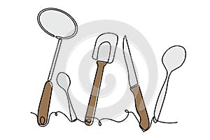 Cutlery background sketch. Single line drawing of isolated kitchen utensils. Culinary design poster. Vector illustration