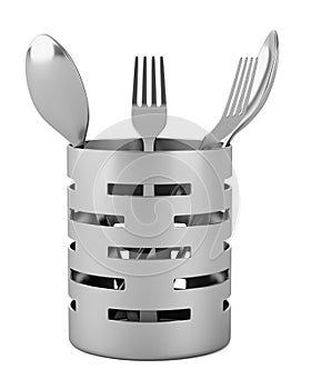 Cutlery drainer with forks and spoons isolated on photo