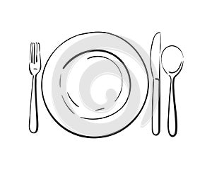 Cutlery, Empty plate with spoon, knife and fork Vector linear sketch top view isolated, Kitchen utensils, Hand drawn black