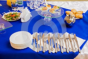 Cutlery: knives, forks and plates at the buffet. Catering